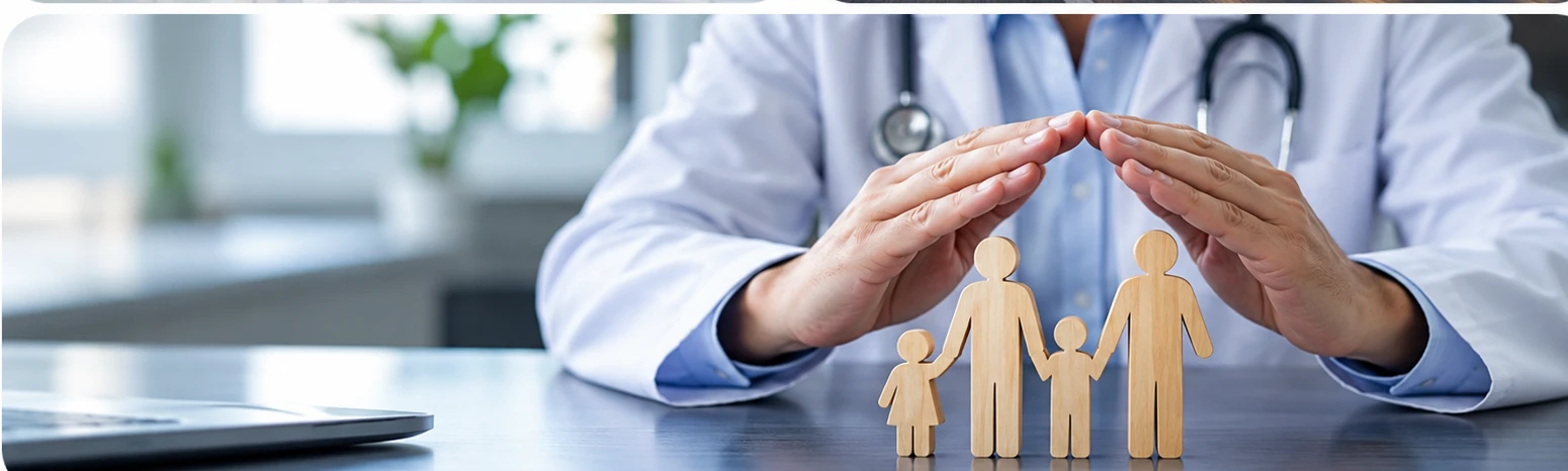 Doctor's hands sheltering wooden family figures