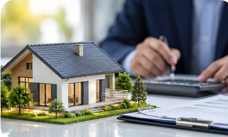 Model house on a desk beside an insurance contract